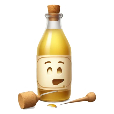 bottle of vinegar with the cork and a nozzle; spoon is laying neat the bottle sticker