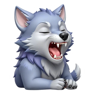 Cinematic Cute Yawning Werewolf Portrait Emoji, with a cuddly, miniature lupine form in soft moonlit grays and silvers, head leaning back in a big, adorable yawn that reveals a few fuzzy teeth, simplified yet irresistibly charming, highly detailed with a soft glowing outline that captures the drowsy, playful essence of a werewolf mid-nap! sticker