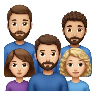 Gars cheveux bruns courts et barbe très courte, un gars avec cheveux bruns courts et barbe très courte, 1 fille cheveux bruns longs frisés, 1 fille cheveux longs blonds plats sticker