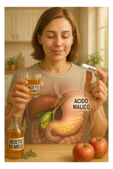 A detailed, realistic illustration or photo-style image showing a person holding a small glass of apple cider vinegar in one hand and a capsule labeled ‘Acido Malico’ in the other. In the foreground or as an overlay, a semi-transparent anatomical view of the abdomen highlights the gallbladder with visible small gallstones inside. Around the gallstones, gentle glowing waves or soft dissolving effects symbolize the softening or breakdown of the stones due to the natural acids. The person looks hopeful and calm, in a bright kitchen setting with fresh apples and natural health products on the counter. The overall mood is informative, natural, and hopeful about non-invasive, natural support for gallstone health in italiano sticker