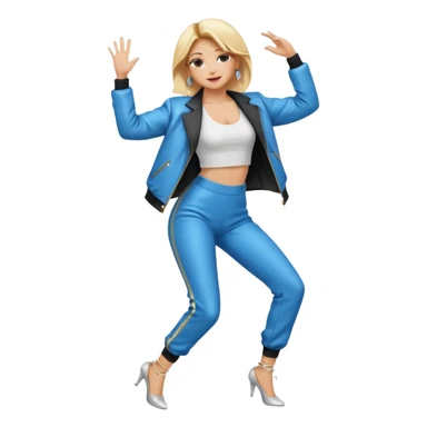 full body emoji of a stylish woman with blonde hair, hoop earrings, fashionable jacket, dynamic pose as a dancer and singer sticker