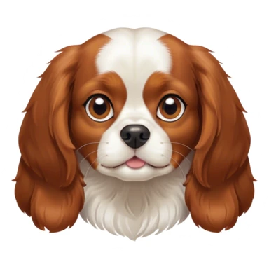 Cinematic Cute Blenheim Cavalier King Charles Spaniel Portrait Emoji, Head tilted playfully and inquisitively, silky Blenheim coat with warm chestnut and crisp white patches, round, sparkling brown eyes filled with curiosity, Simplified yet irresistibly adorable features, highly detailed, glowing with a warm, friendly glow, high shine, affectionate and lively, stylized with a touch of whimsy, bright and endearing, soft glowing outline, capturing the essence of a mischievous yet loving pup, so playful it feels like it could pounce out of the screen and into your arms! sticker