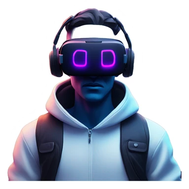 Cyberpunk style. blue neon. White skin man in the black hoody with violet OMG VR logo on it. Man in vr headset oculus quest 2 sticker