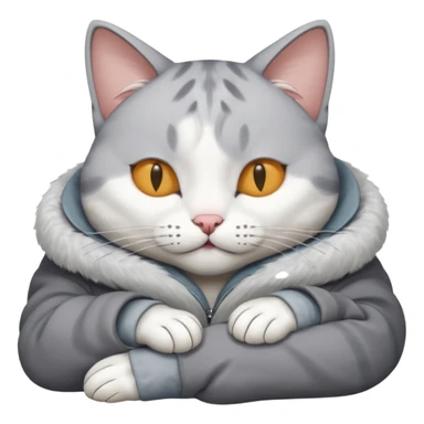 grey and white small cat with its eyes closed lying down with his head leaning on his paw sticker