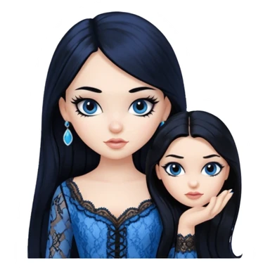 black hair, pretty, BLACK long black hair, pale skin, eyeliner, blue lace clothes, bratz baddie sticker