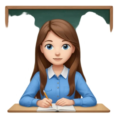 high school class room with a pretty female high school student with long brown hair, blue eyes sitting in front of the blackboard sticker