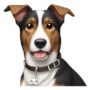 Black white and brown tri colored dog  with floppy ears wearing a T initial collar  sticker