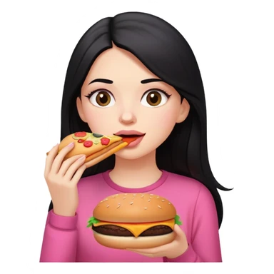 White girl in pink clothes and long black hair eating burger and pizza sticker