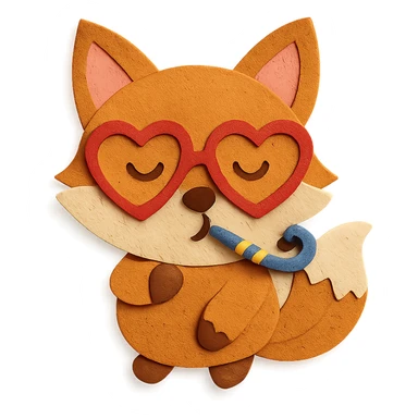 baby fox with heart glasses blowing party horn in paper-craft style sticker
