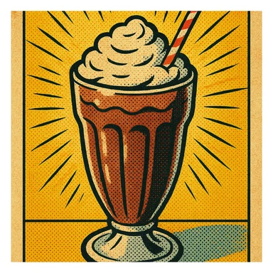 chocolate milkshake, old school comic book style, bold lines, halftone dots, vintage comic look sticker