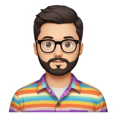 a 30-year-old man with light skin, medium solid build, wide face, soft cheeks, rounded jawline, neutral relaxed expression, short dense full beard, wavy voluminous brown-black hair at the front, large rectangular black thick frame glasses, colorful button-up shirt open showing white t-shirt sticker