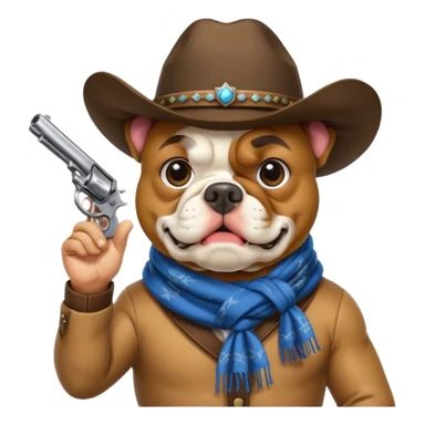 A bulldog wearing a cowboy hat, covering his mouth with a scarf so he wouldn't be recognized, pointing a revolver at you, telling you to hand over your money. sticker