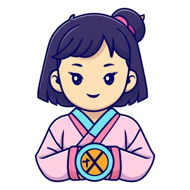 Vaporwave aesthetic Japanese girl with geometric background, retro 80s style, pastel colors, Japanese kanji text, digital sunset, nostalgic elements sticker