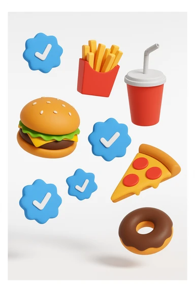 fast food fluttua in aria insieme a spunte di verificato in 3d, sfondo bianco sticker