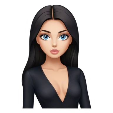 Glamours, tanned, beautiful, girl, with blue eyes, big pump peach-beige-rose lips, eyeliner, long lashes, black straight smooth silky long hair, parting hair in the middle,  in black v-neck bodysuit long sleeves sticker