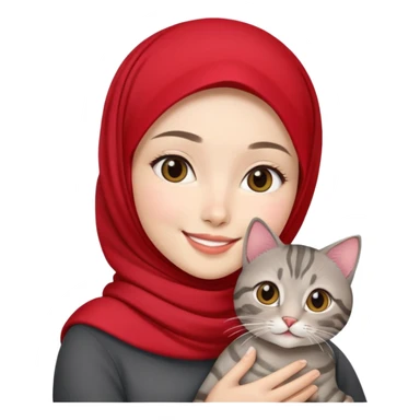 Asian White girl wearing red hijab holding a black grey tabby cat while smiling.  sticker