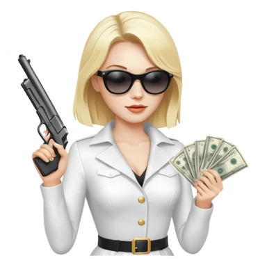 Mafia blondes woman in sunglasses, gun ,money , white costume  sticker