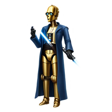 undercover tough well-equipped jedi first order life-sized darkblue-pearl C3po as a friendly bounty hunter droid wearing a leather clothing old west duster coat holding light saber sticker