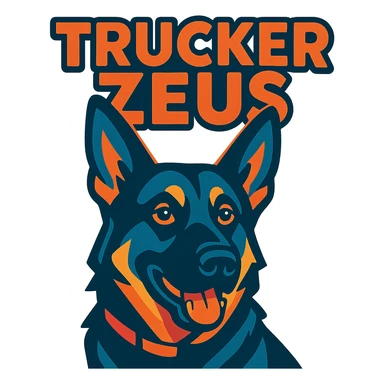 dark German Shepherd with 'Trucker Zeus' over top, vibrant cartoon style, text integrated sticker