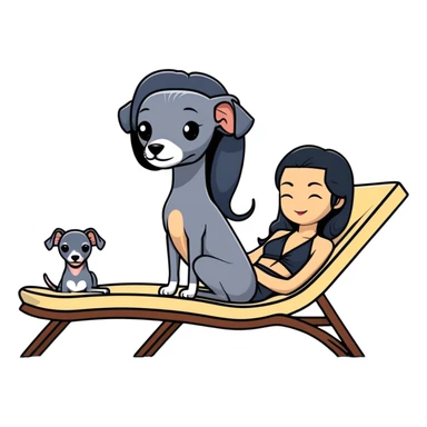 Very thin and slim Chinese woman with long black hair in elegant pool attire relaxing on a comfortable spa lounger at a luxury spa pool with her Italian greyhound that is COMPLETELY solid dark grey with ABSOLUTELY ZERO white markings anywhere - 100% uniform dark grey color only - also relaxing on a lounger sticker