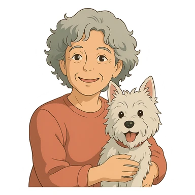 50-year-old woman with silver curly hair, smiling, with a Westie dog, ghibli style sticker