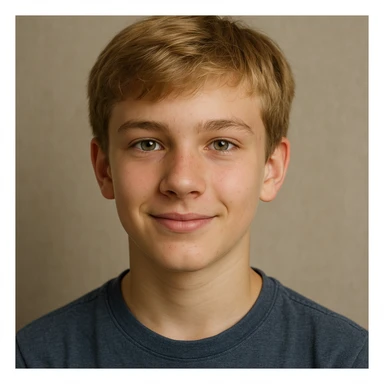 retrato realista de un chico de 13 años, pelo rubio, ojos verdes, expresión amigable, fondo neutro sticker