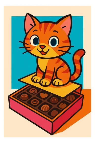 colorful cartoon style animated kitten sitting on a box of chocolates sticker