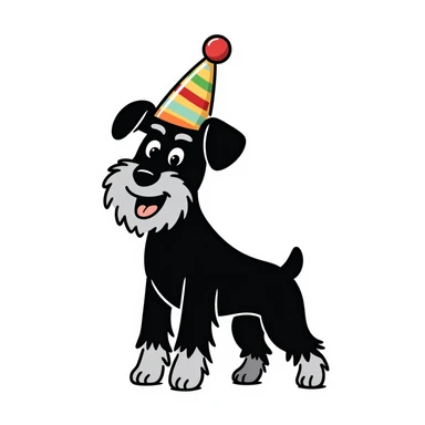 A schnauzer dog wearing a colorful birthday hat sticker