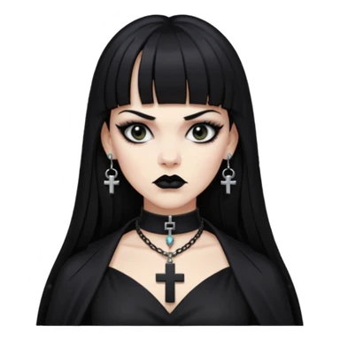 vampira parda com cabelo preto longo e liso e franja, olhos pretos, brincos em formato de cruz, choker em formato de cruz, roupa preta com decote nos seios, batom preto e séria sticker