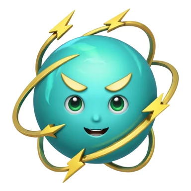 Uranus planet emoji in Apple style, blue-green color, dynamic rings, fun, excited, and expressive face, prominent bold lightning bolt symbolizing chaotic and unexpected energy sticker