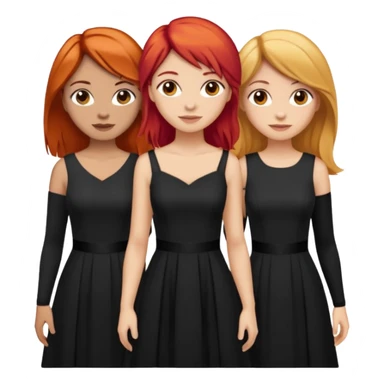 Can you create an image of 3 friends together one with red bright hair light skin one the other with brown hair with some blonde highlights in the hair fair skin the last one with light brown a tint of orange hair and black long hair with brown with dresses dark hair on one sticker