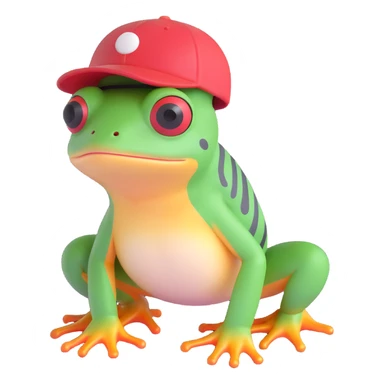Tiny tropic frog wearing a baseball cap sticker