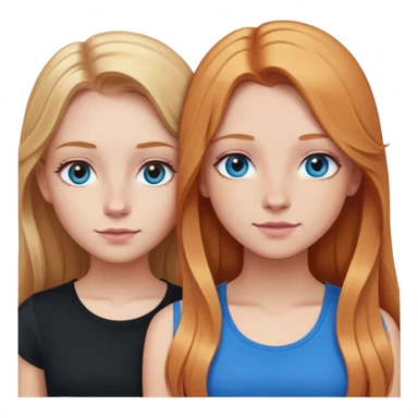 Two girls together. Girl 1: blonde long straight hair, hazel eyes, pink crop top.  girl 2:  long wavy ginger hair, blue eyes, nose ring, black shirt sticker
