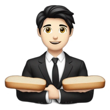 Full height Pale skinned Fit Man With black hair and medium black bread in classic black suit, white office shirt. Thrumbs of his palms directed up sticker