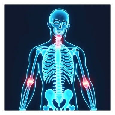 Medical illustration: glowing human body silhouette with highlighted joints, cool blue and green healing energy radiating outward, red inflammation areas being neutralized by blue light, clean clinical aesthetic, futuristic background sticker