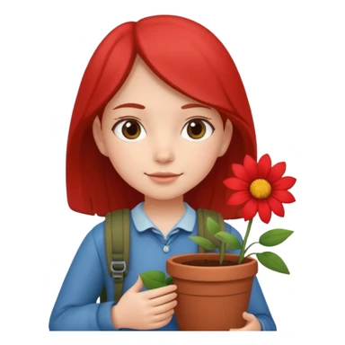 young girl wearing packpack, holding a flower pot sticker