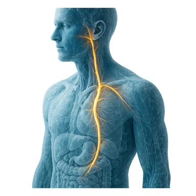 realistic human body with vagus nerve highlighted, oblique view, anatomical details, vagus nerve path clearly visible, cold effect with blue shades and ice, transparency on internal organs, neutral background sticker