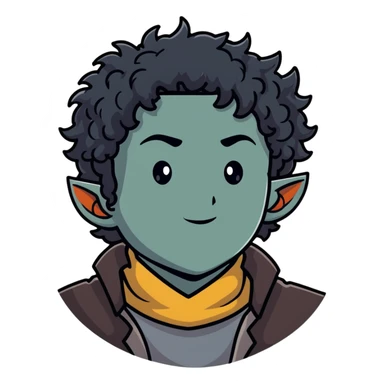 firbolg from DnD with gray skin, black curly hair, clean-shaven face, no beard sticker