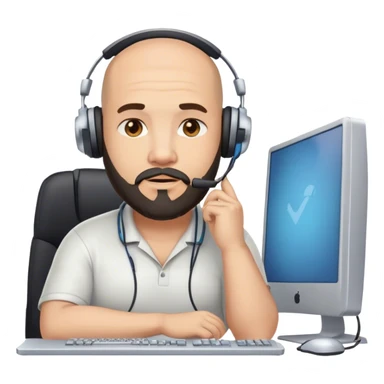 heavy-set man with chin beard wearing a headset in front of a computer sticker