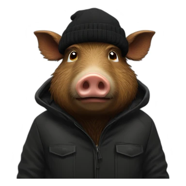 fullface wild tired brown boar in a black jacket and a black winter hat sticker