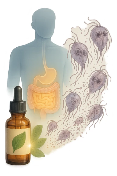 A realistic, high-quality medical illustration showing microscopic parasites leaving the human intestines, symbolically dissolving and breaking apart, after the intake of natural kinesiological drops. The drops are shown in a small amber glass dropper bottle in the foreground with a green leaf on the label, emitting a subtle glow symbolizing detox and cleansing. The background depicts a semi-transparent human silhouette with a highlighted digestive tract, showing clean, healthy intestines, while parasites in translucent fading colors are moving out, symbolizing elimination. The atmosphere is clean, fresh, and conveys a sense of natural healing, detoxification, and hope. sticker