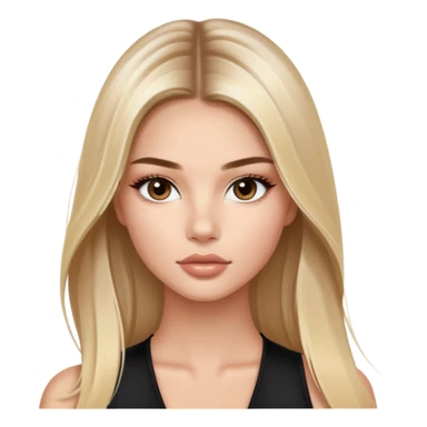 victoria’s secret model with long light blonde straight balayage hair, small dark brown almond eyes, oval face, small lips sticker