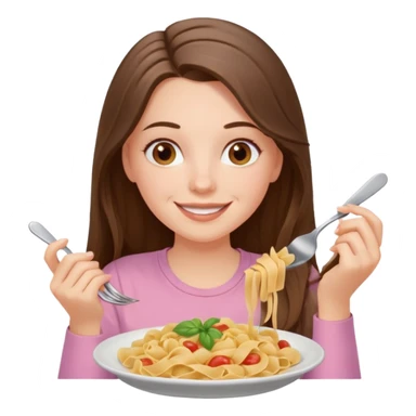 smiling white long brunette hair girl with hazel eyes in light pink with pasta sticker