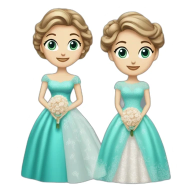 Bride with brown hair into a bun and a lace dress. Mother of the bride with long blonde curls and a turquoise sequined dress with sleeves. sticker