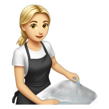 Slavic girl washes the floor in a white T-shirt and a black apron sticker