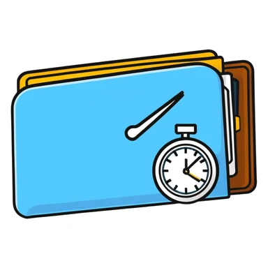 wallet with a zooming clock with motion blur in top right corner, clock with speed streaks, speedometer-style clock showing fast service sticker