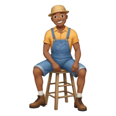Side view Laughing Old bald black man sitting on stool wearing overalls wearing hat sticker