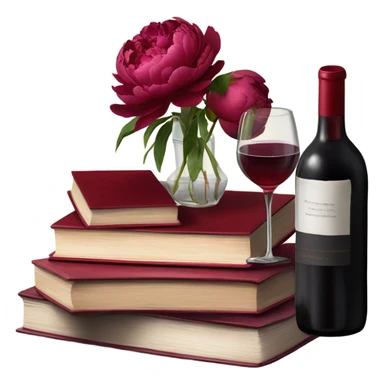 A crimson stack of books with deep red peonies and a glass of red wine sticker