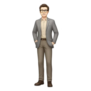 Full height Pale skinned Fit Man With dark brown hair in gray classic jacket, beige office shirt, Brown pants and vintage glasses. Thrumbs of his palms upwards sticker