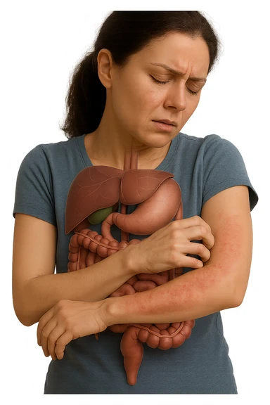 donna con intestino umano anatomico realistico che si gratta il braccio su cui ha un'eritema, iperrealistica 4k sticker
